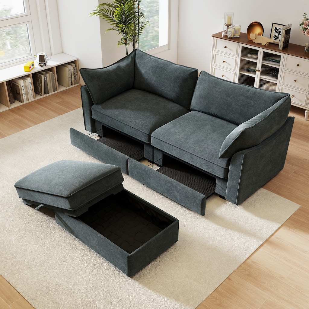 GDFStudio - Chenille 2-Seater 78.7" Sofa with Movable Ottoman and Storage Drawers