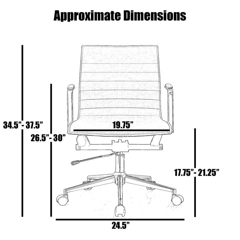 Set of 2 Modern Office Chairs | Upholstered PU Leather Ribbed Mid Back with Metal Frame | Adjustable Height, Tilt Lock