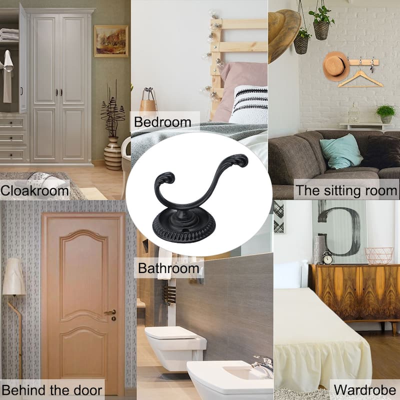 5pcs Dual Robe Hooks Zinc Alloy Bathroom Hooks Towel Hanger w Screws - Black - 2.4" x 1.7" x 2.1"(L*W*H)