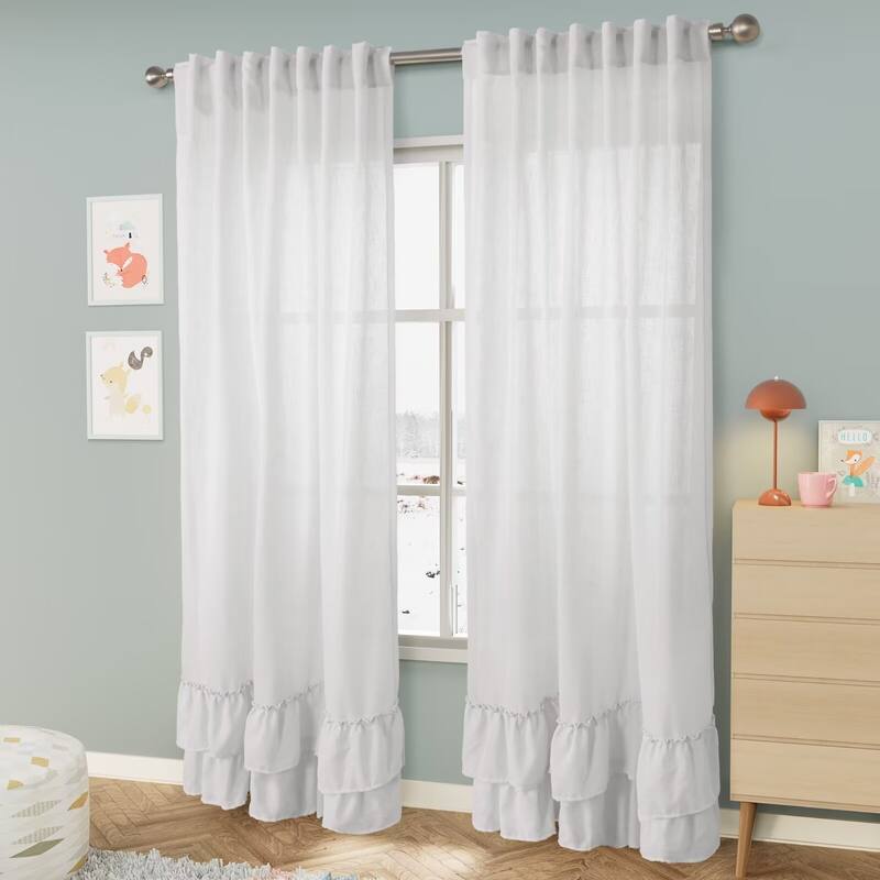 Linen Texture Double Ruffle Semi-sheer Curtain Pair(2 panels)