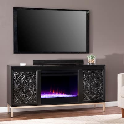 SEI Furniture Whitwell Black Wood Media TV Stand with Color Changing Fireplace Insert for TV's up to 56"