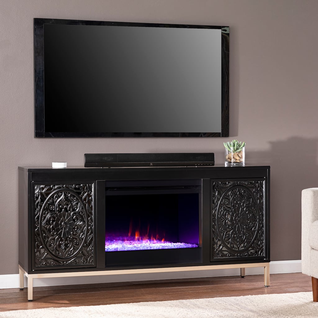 SEI Furniture Whitwell Black Wood Media TV Stand with Color Changing Fireplace Insert for TV's up to 56"