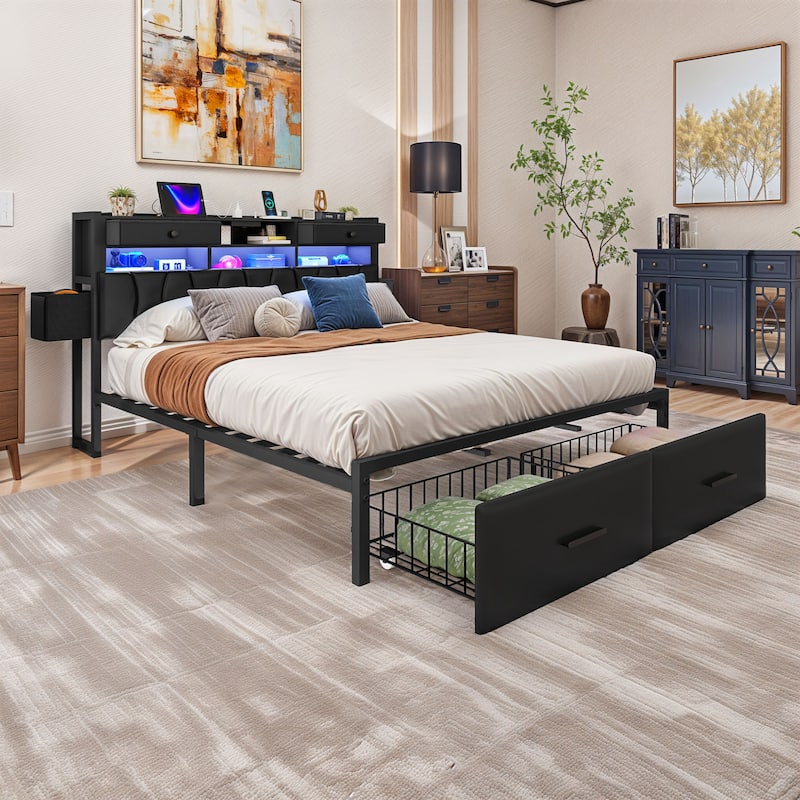6 Drawers PU Leather Upholstered Platform Bed, Bed Frame with Hidden Storage Headboard and Power Outlets