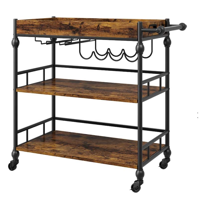 3 Tier Rolling Serving Bar Cart with Removable Tray