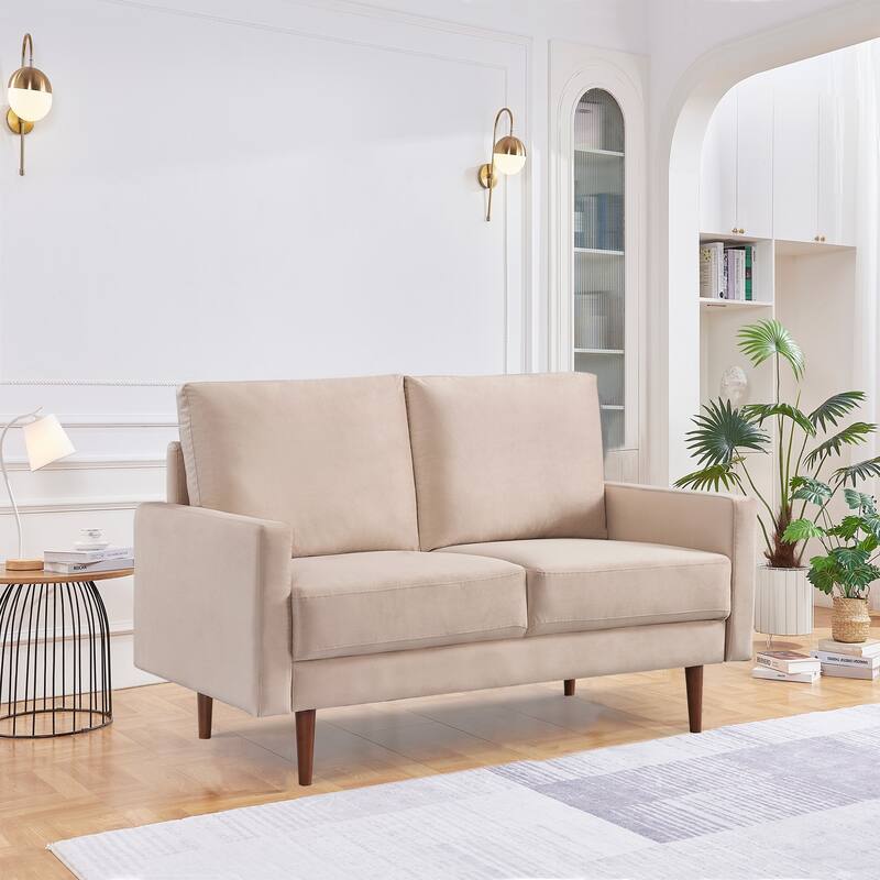 57 Inch Wide Upholstered Loveseat with Square Arms - N/A - Beige