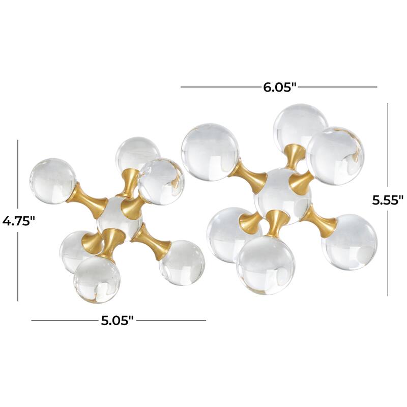 Clear Crystal Orb Inspired Jack Decorative Sculpture with Gold Metal Accents (Set of 2)