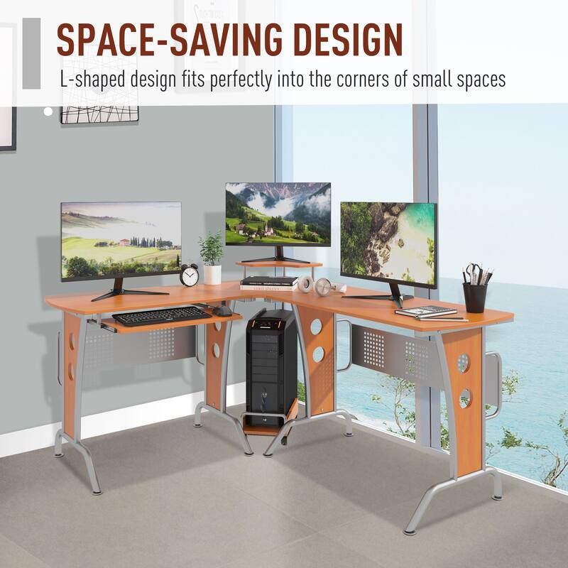 HOMCOM L-Shaped Corner Computer Office Desk Workstation with Elevated Shelf, Rolling Keyboard Tray, & Convenient CPU Stand