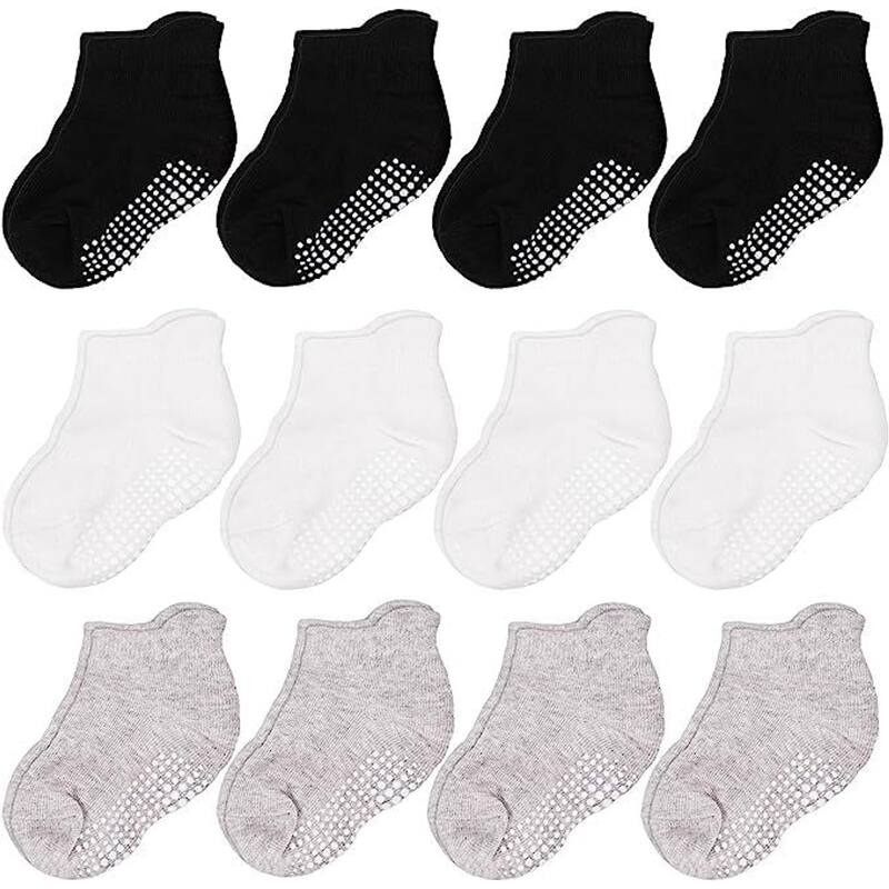 CozyWay Ankle Grip Socks Black/White/Gray - 12 pair, 0-6 Months, Unisex