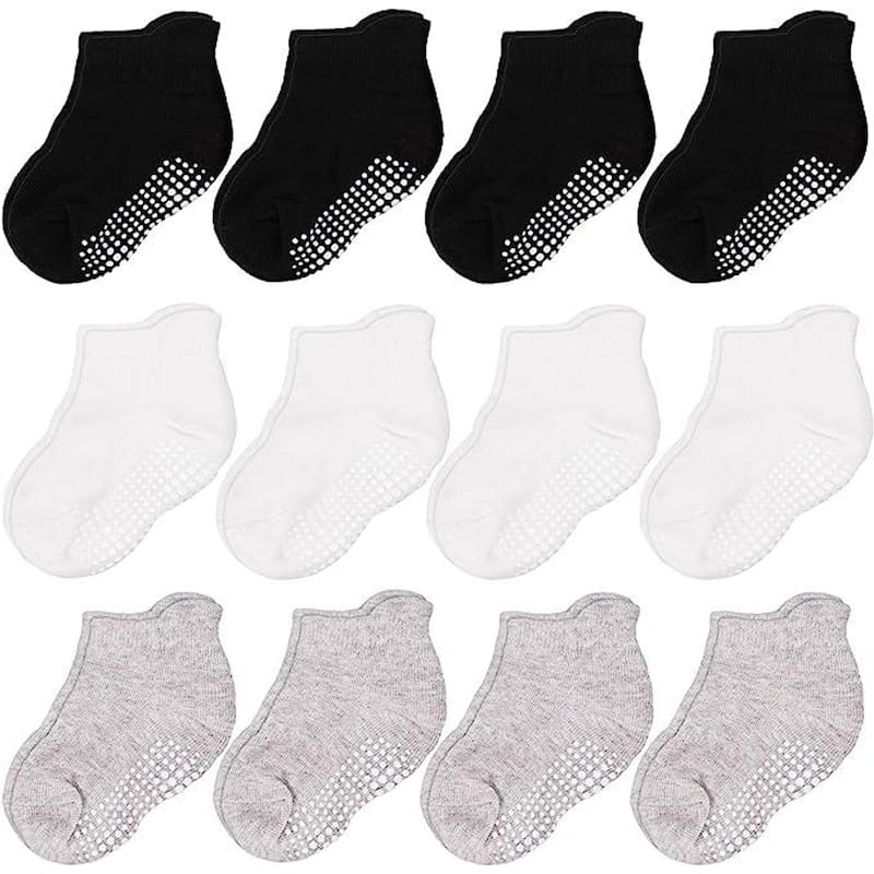 CozyWay Ankle Grip Socks Black/White/Gray - 12 pair, 6-12 Months, Unisex