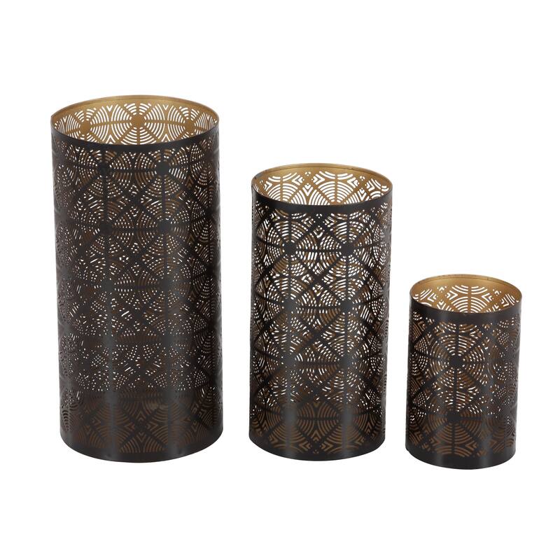 Dark Brown Metal Decorative Geometric Indoor Outdoor Candle Lantern (Set of 3)