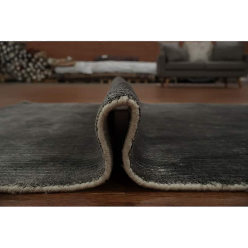 Hand Knotted Oriental Silk Carpet Modern Contemporary Greys & Charcoal Contemporary Runner Rug - 9' 0'' X 3' 1''