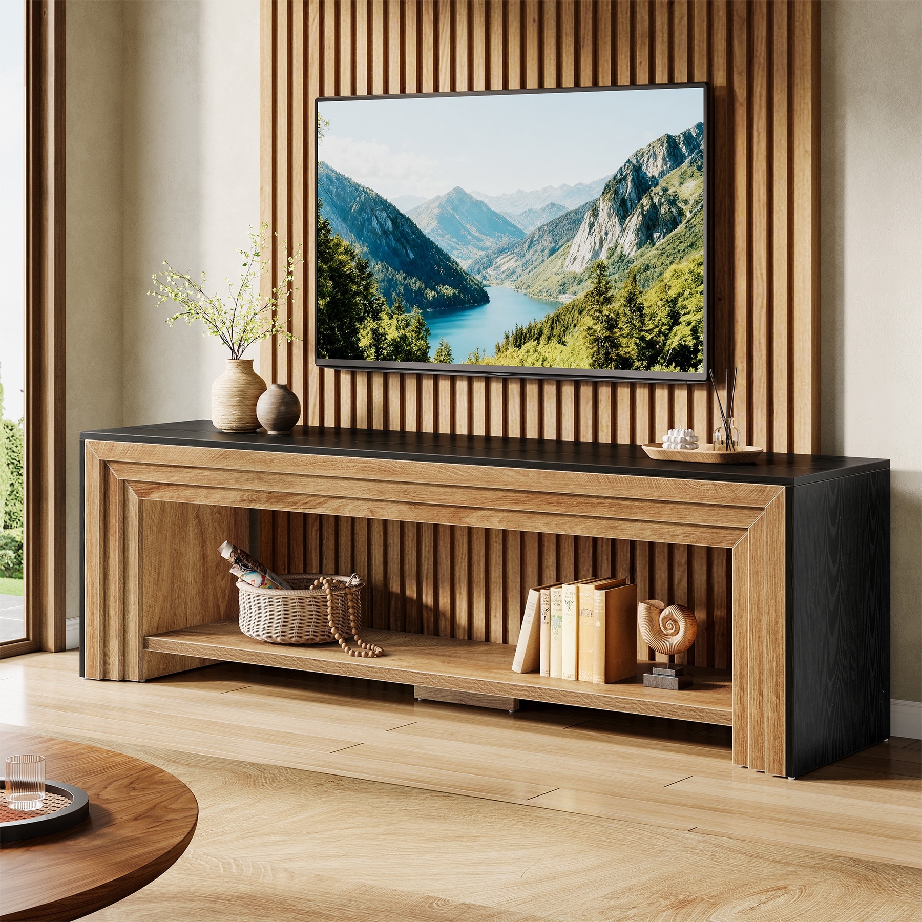 70" TV Stand for TVs, Wooden Entertainment Center with Open Storage Shelves, Low Media Console for Living Room, Bedroom