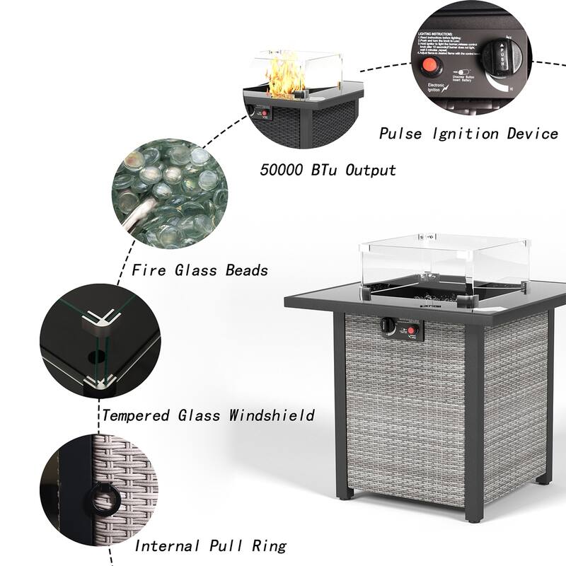 28 Inch Propane Fire Pit Table, Rattan & Wicker-Look, 50000 BTU Gas Firepits Tempered Glass Tabletop