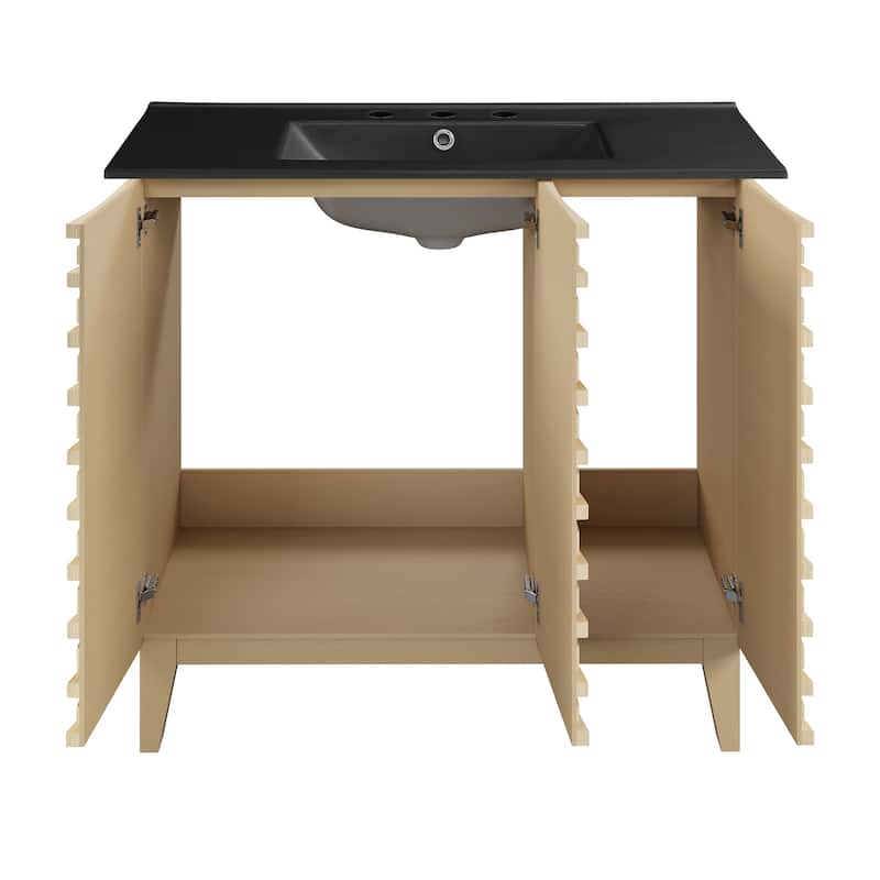 Cascade 36 In. Natural Oak Bathroom Vanity With Black, 3-Hole Ceramic Sink Top