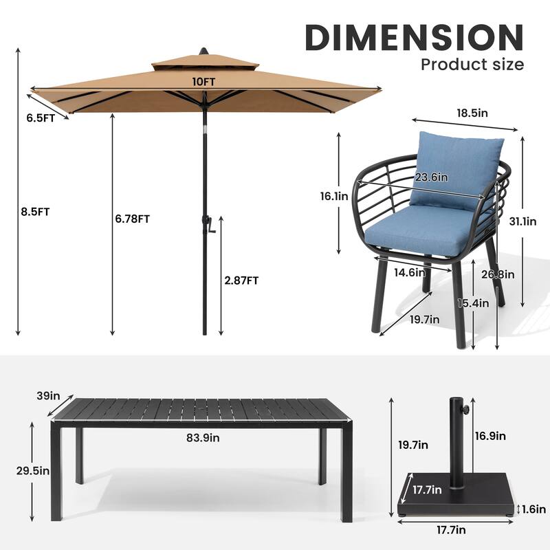 9/11-Piece Outdoor Patio Dining Set w/10 ft Umbrella and Base Aluminum Dining Table and Dining Chairs with Sunbrella Cushions