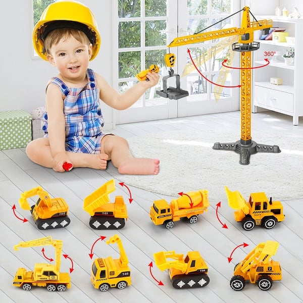 Construction Car Carrier Toys Set For 3 4 5 6 Years Old Toddlers Boys & Girls Gift, 4 Small Cartoon Cute Cars Trucks Crane Mixer Excavator Dump, Sound And Light Big