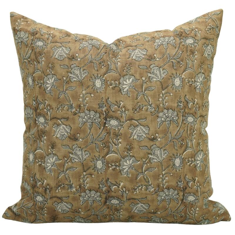 Fabdivine Block Print 12x20 Inch Pillow Cover Pure Linen Floral Farmhouse Decor Accent for Brown Soft, Cushion Case, Kanak Buti - Pillow Covers - Nayaab- Brown, Grey - 26" x 26"