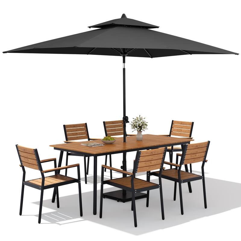9PC Outdoor Patio Dining Set Aluminum Table with Stackable Armchairs w/ Premium Market Umbrella Sets