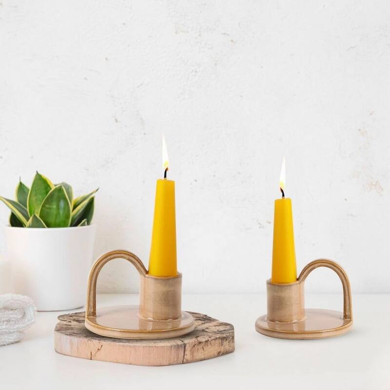 Tan Set of Two Elise Short Ceramic Candlesticks Rustic Home Decor