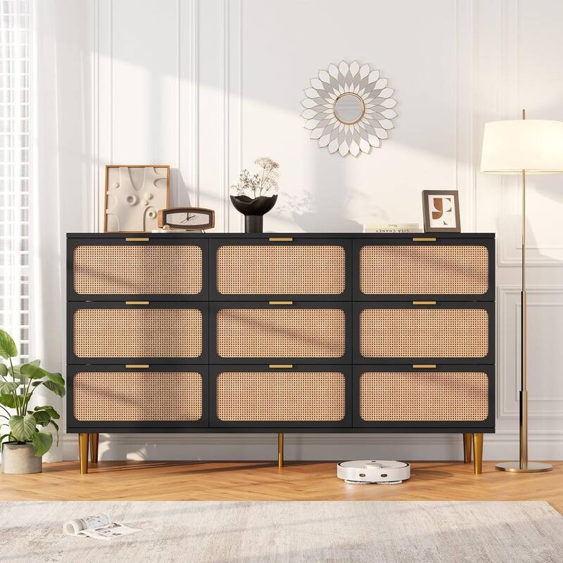 Rattan 9 Drawer Dressers TV Stand for Bedroom Living Room - Black