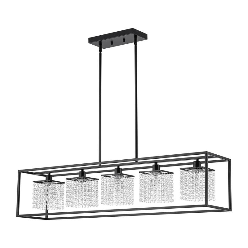5-Light Modern Black Glam Rectangular Island Large Crystal Chandelier - 39.37 in. W x 8.66 in. D x 8.66 in. H