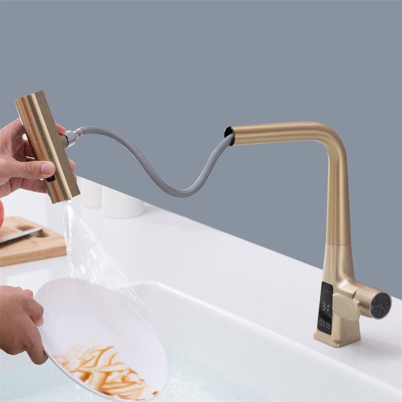 LED Temperature Display Waterfall Kitchen Faucet with Pull Out Sprayer Single Handle Kitchen Sink Faucets Brushed Gold