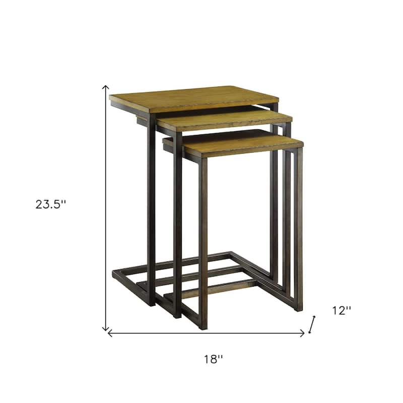 Chestnut Wood Nesting Side Tables with Black Steel Sled Base Set of 3 - 12” x 18” x 23.5” (D x W x H)
