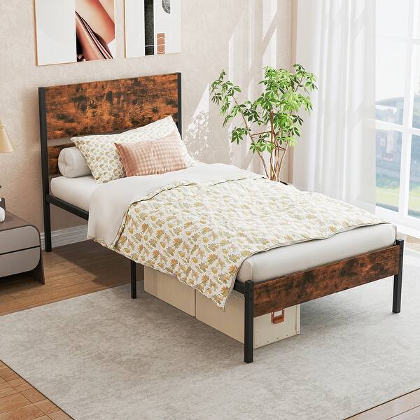 slide 2 of 9, Twin Bed Frame with Rustic Wooden Headboard and Noise-Free Design Rustic-Brown-Black