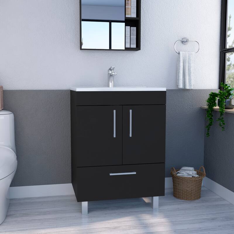 Modern 24-Inch Black Bathroom Vanity, Double Door Storage, Single Drawer, Faucet Not Included - 17.71in L Engineered Wood - 17.71in L Engineered Wood - 17.71in L Black