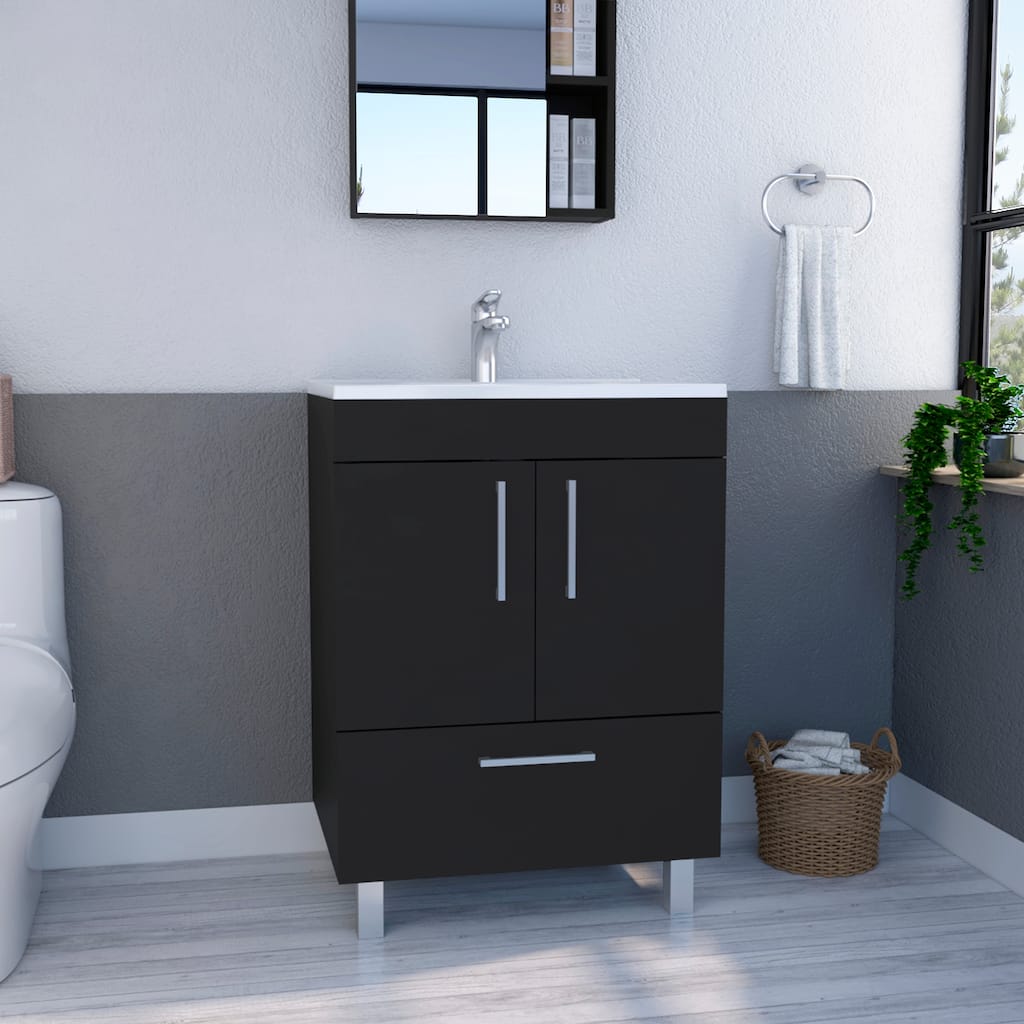 Modern 24-Inch Black Bathroom Vanity, Double Door Storage, Single Drawer, Faucet Not Included - 17.71in L Engineered Wood