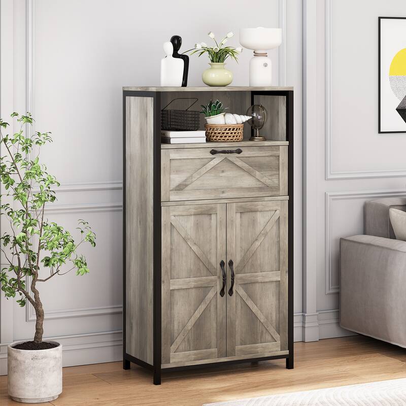 Farmhouse Storage Cabinet with Barn Door and Drawer for Living Room - 11.81"D x 23.62"W x 43.3"H - 11.81"D x 23.62"W x 43.3"H - Grey - MDF