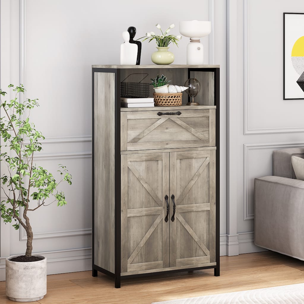 Farmhouse Storage Cabinet with Barn Door and Drawer for Living Room - 11.81"D x 23.62"W x 43.3"H
