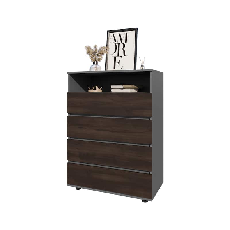 Tokio 4 Drawer Dresser with Open Shelf, Stained Walnut
