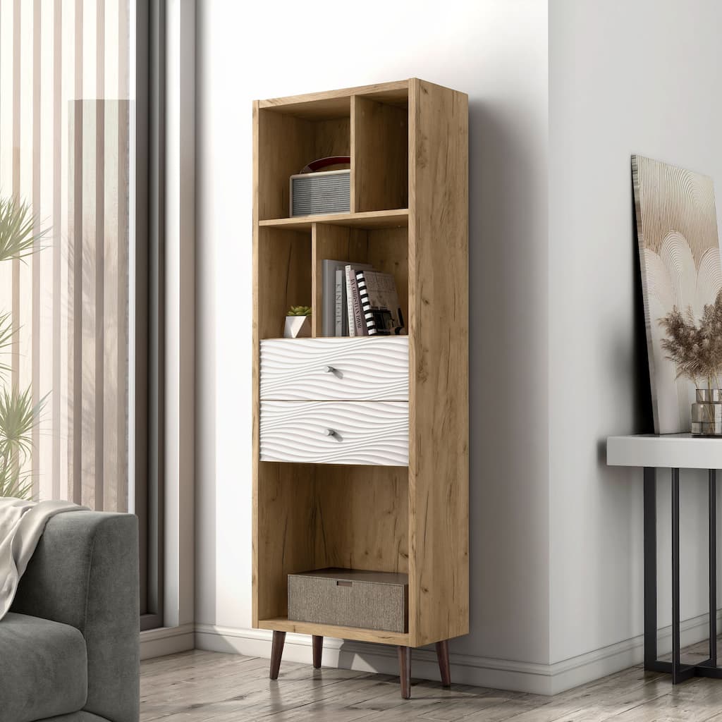247 Shop At Home Mid-Century Modern Light Oak 5-Open Shelf and 2-Drawer Bookcase