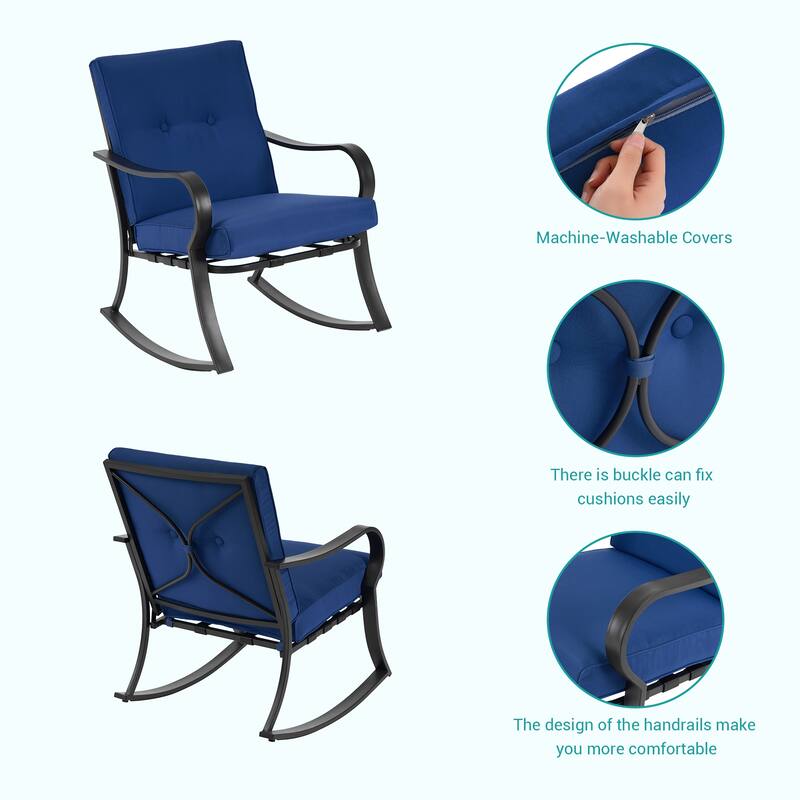 Bonosuki 3 Pieces Patio Bistro Set, Outdoor Funiture Set with 2 Rocking Chairs, Tempered Glass Top Coffee Table and Cushion
