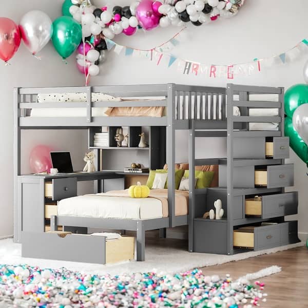 slide 2 of 12, Full Over Twin Bunk Bed with Desk, Drawers and Shelves Grey
