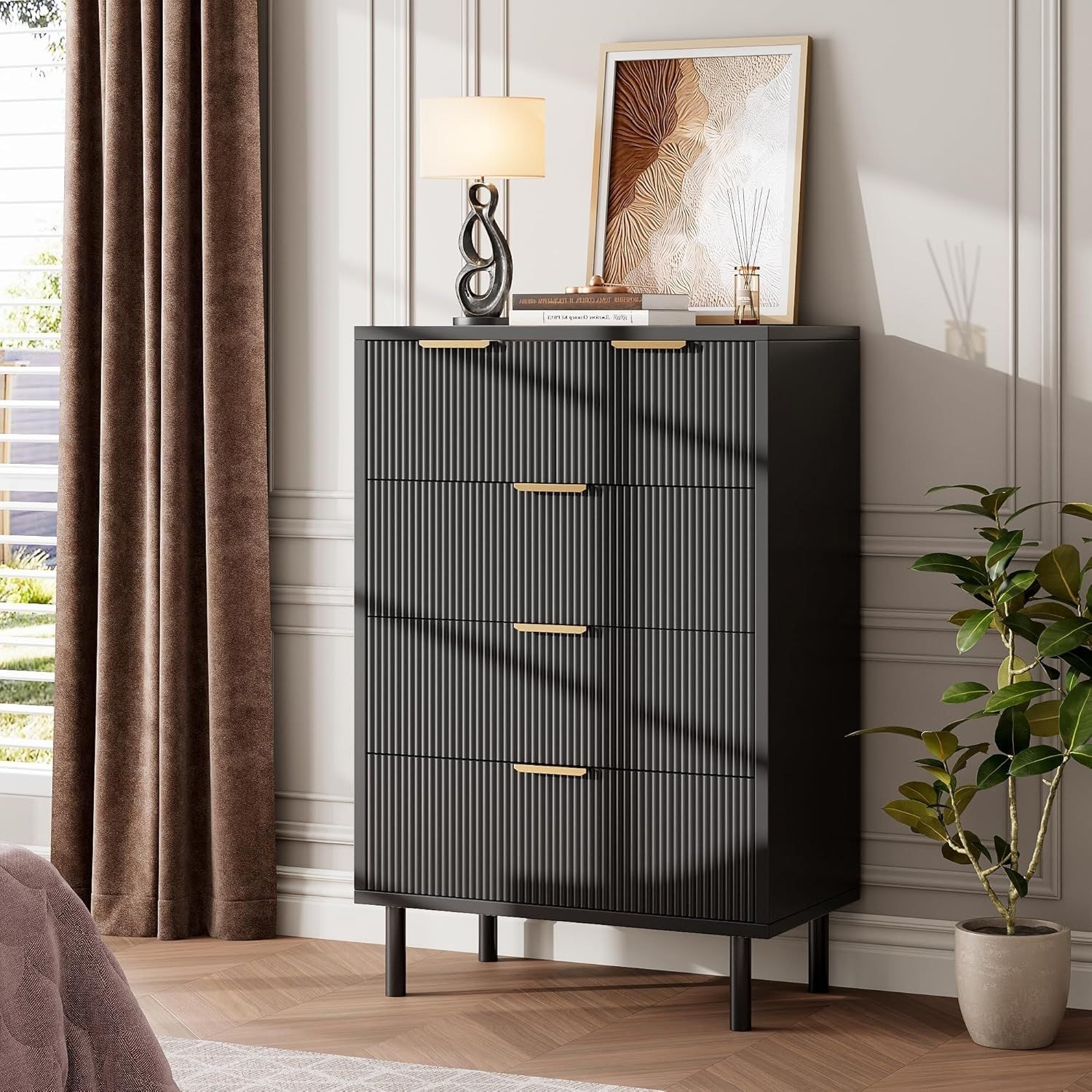 5-Drawer Modern Fluted Wide Wood Dresser, Chest Organizer with Metal Legs, Anti-Tipping for Bedroom, Living Room