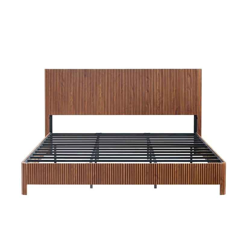 Low Profile Platform Bed, Wooden Corrugated Curved Lines Headboard Wingback Bed, Metal Slat Support Bed Frame