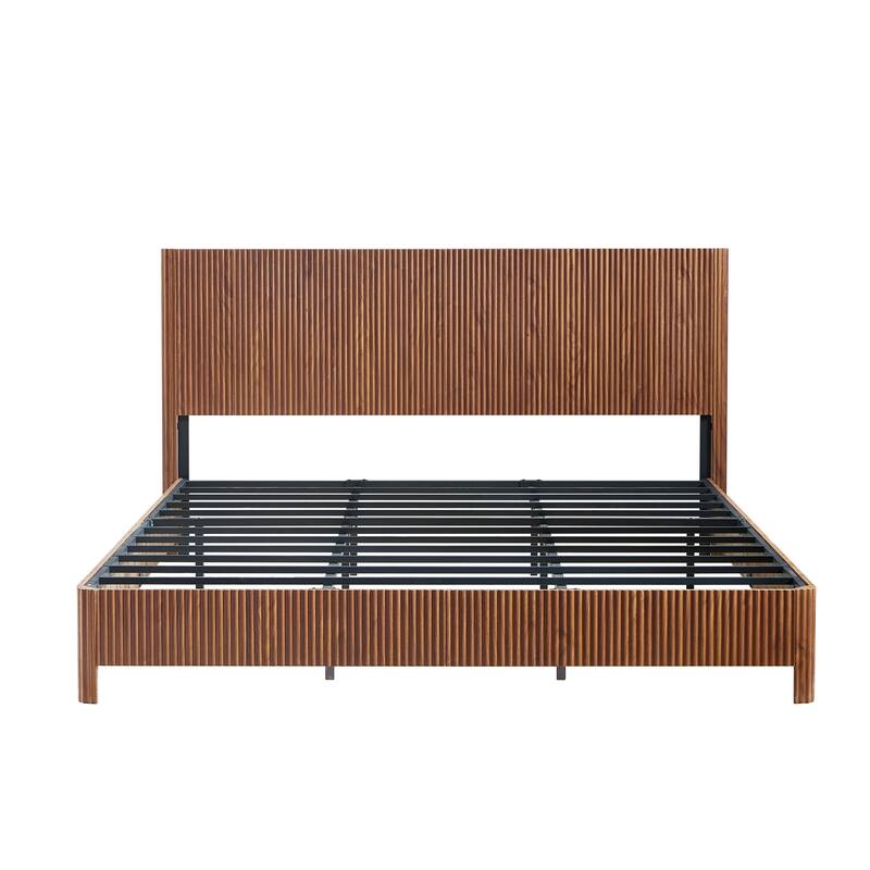 Wooden Corrugated Bed Frame Contemporary Rustic Platform Bed with 44.5" High Headboard/Metal Tubes Support/No Box Spring Needed - Walnut - King
