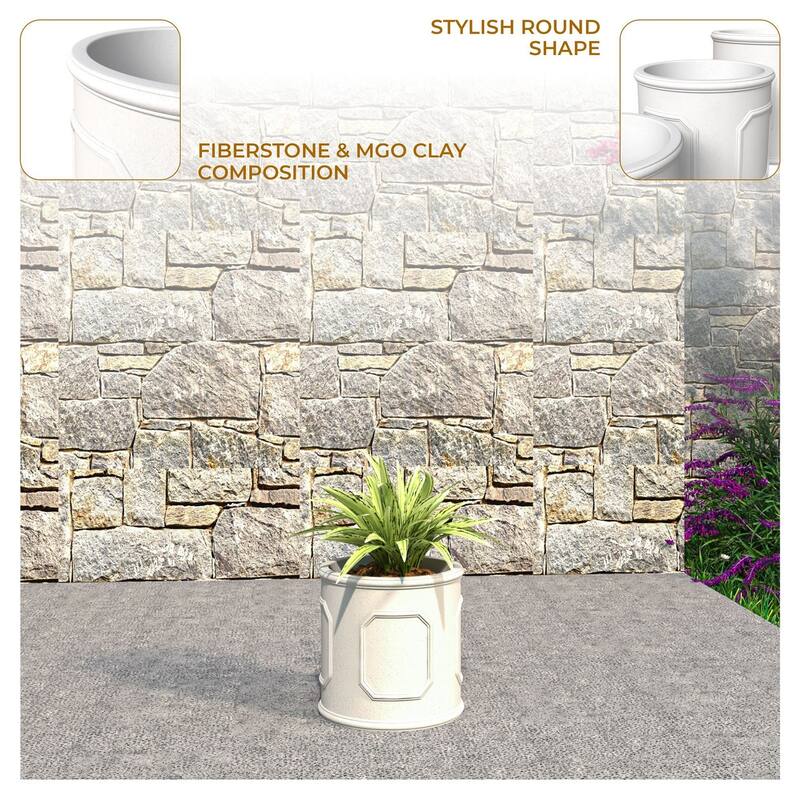 Meadow Classic Round Fiberstone and MGO Clay Planter with Drainage for Indoor Outdoor Home Office Yard Patio Fully Assembled