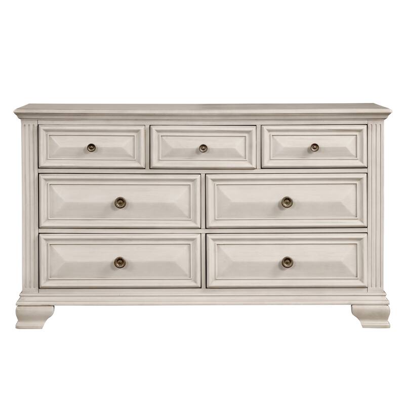 Roundhill Furniture Renova Distressed Parchment 7-Drawer Dresser with Mirror