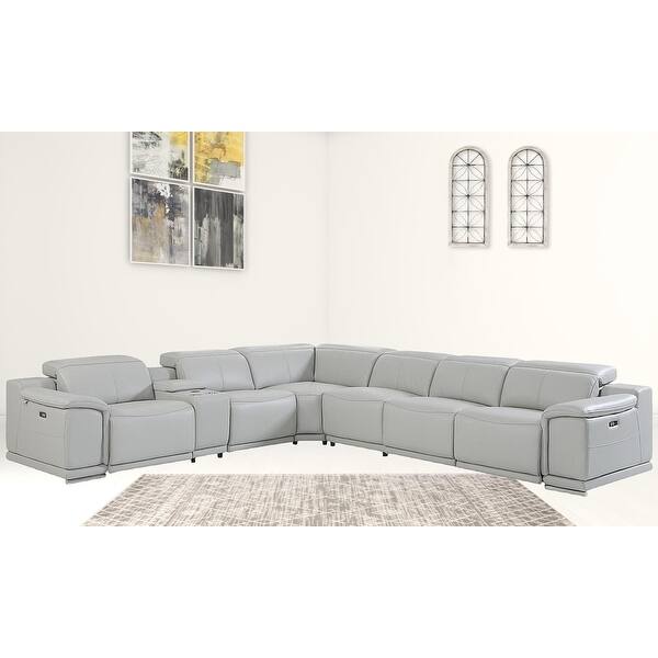 Gray Italian Leather Power Reclining U Shaped Seven Piece Corner Sectional With Console Gray Italian Leather Power Reclining U Shaped Seven Piece Corner Sectional With Console