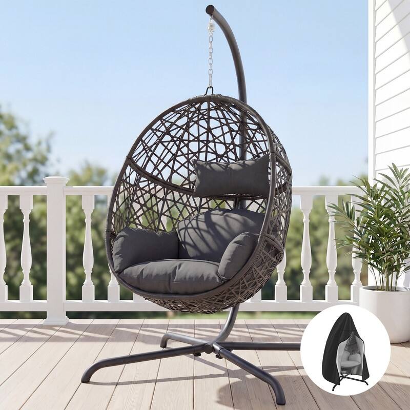 Oversized Hanging Egg Chair with Stand, Indoor/Outdoor Wicker Swing Chair for Patio Porch Balcony with Cushions - Dark Grey/Cover