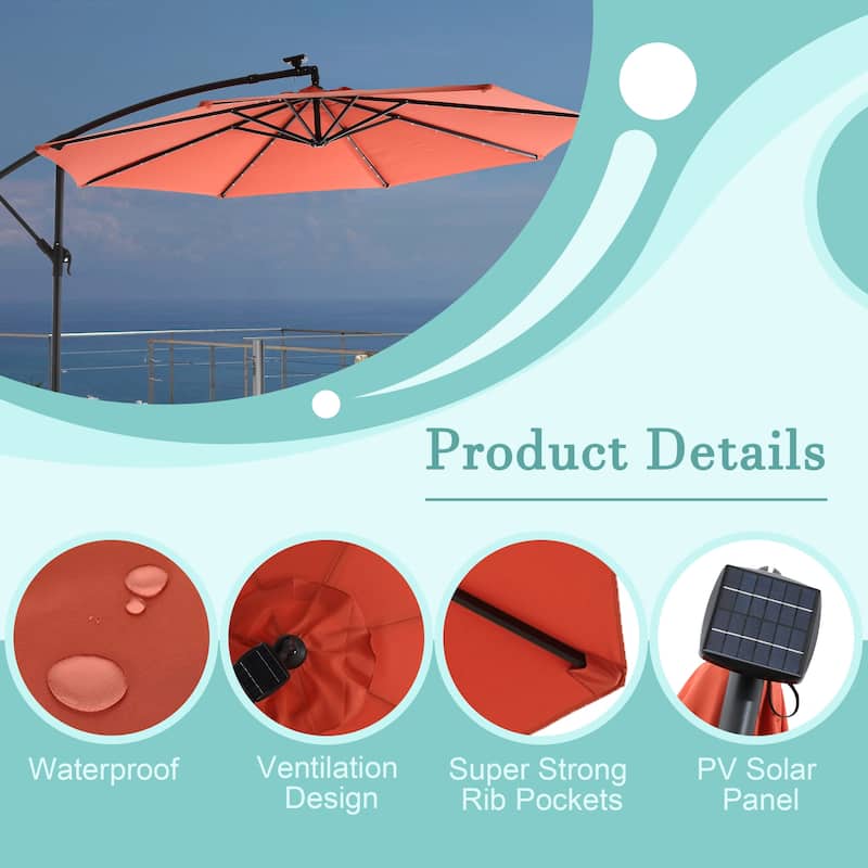 HOMEFUN 10ft Solar LED Offset Hanging Market Patio Umbrella