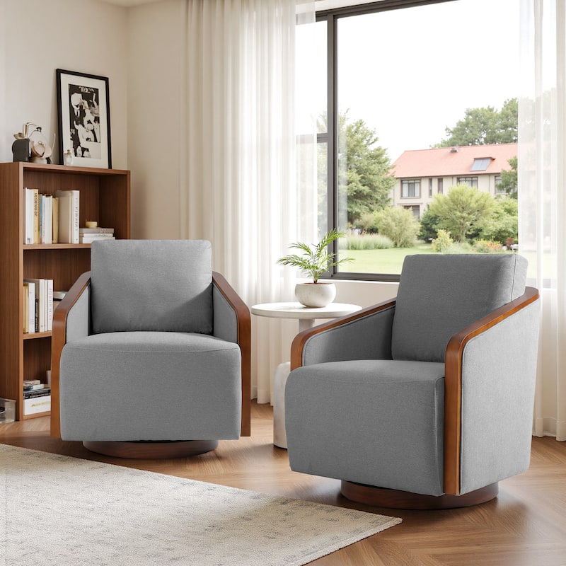 Chenille Modern 360°Swivel Barrel Chair Wood Base (Set of 2) - Light Grey