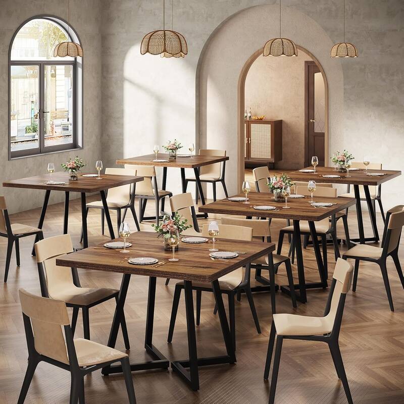 Square Dining Table Set, Industrial Dinner Table with Metal Base for Bar, Coffee Shop, Resturant - 6PCS - Brown