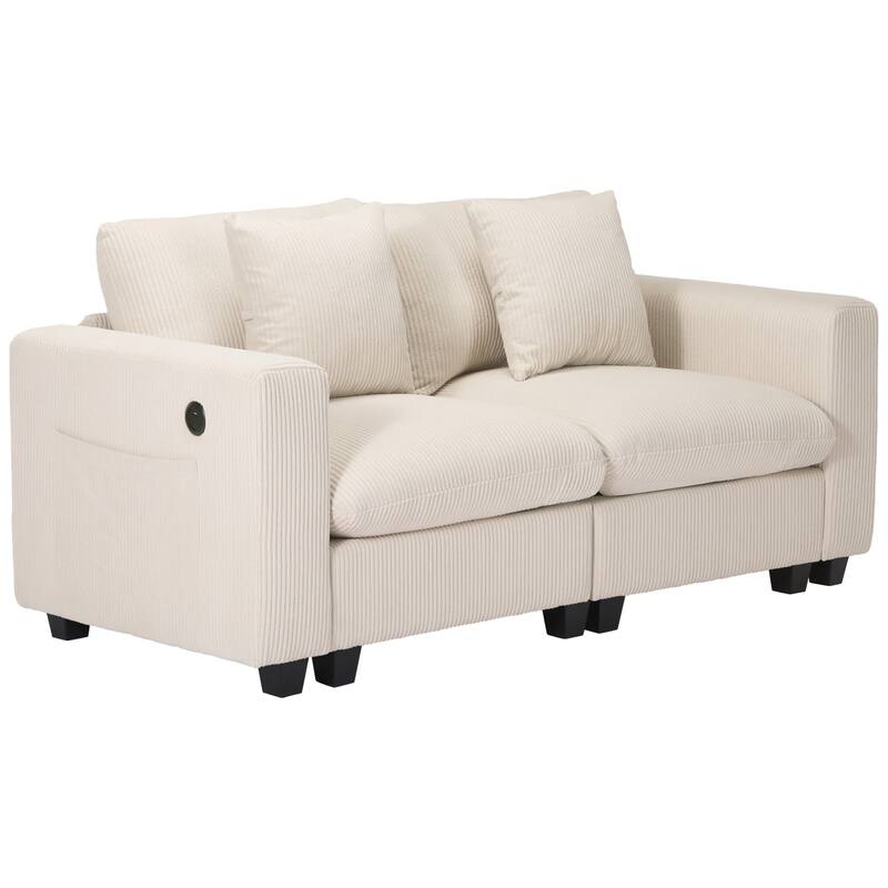Hamilton Corduroy Upholstered Modular Loveseat with USB Port - Cream