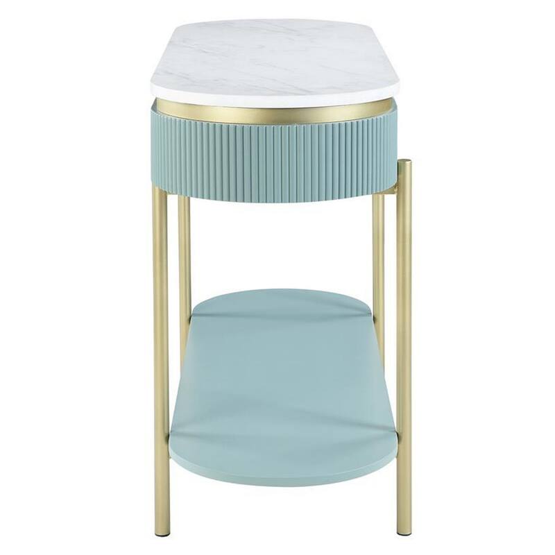 Ville 48 Inch Sofa Console Table, White Faux Marble Top, Teal Reeded Edge