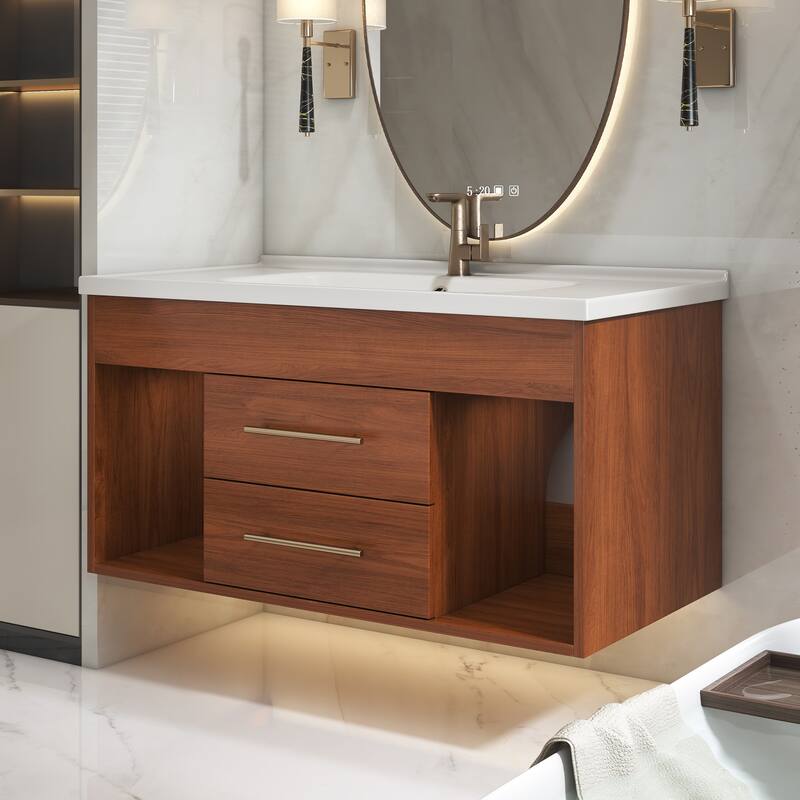 GDFStudio - Luxury 35.4" Floating Sintered Stone Bathroom Vanity with Ceramic Sink & Soft-Close Drawers