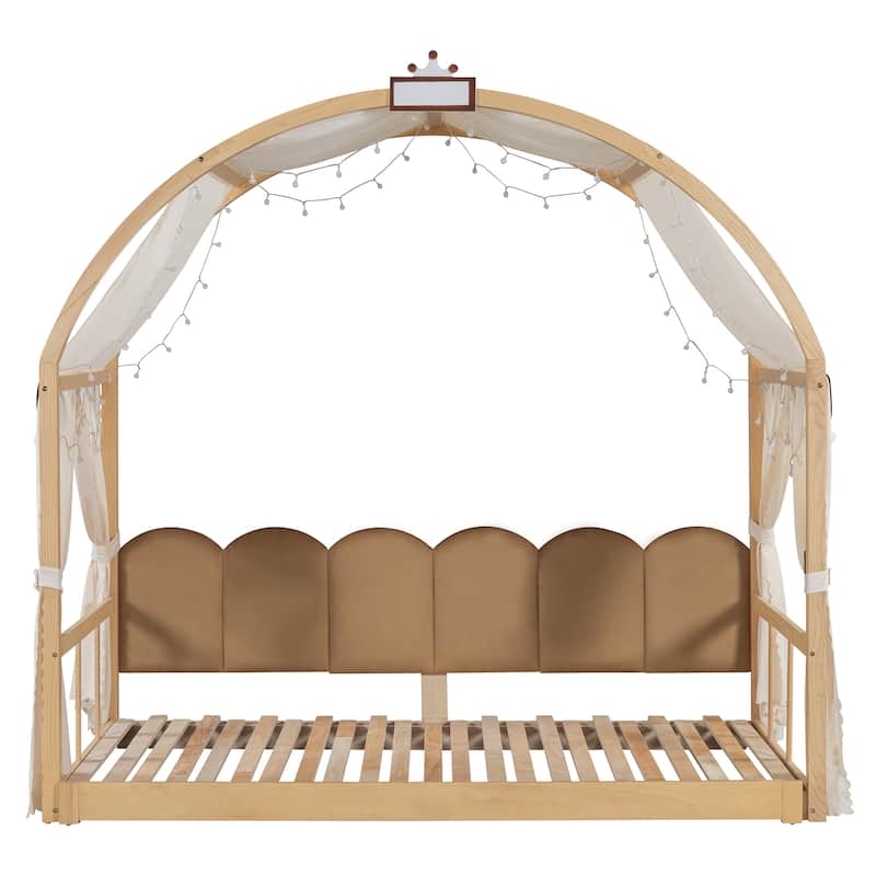 Wood Twin Size Bed Frame with Arched Roof, Floor Bed with Light and Curtain, Pull-out Kids Bed for Girls Boys Bedroom